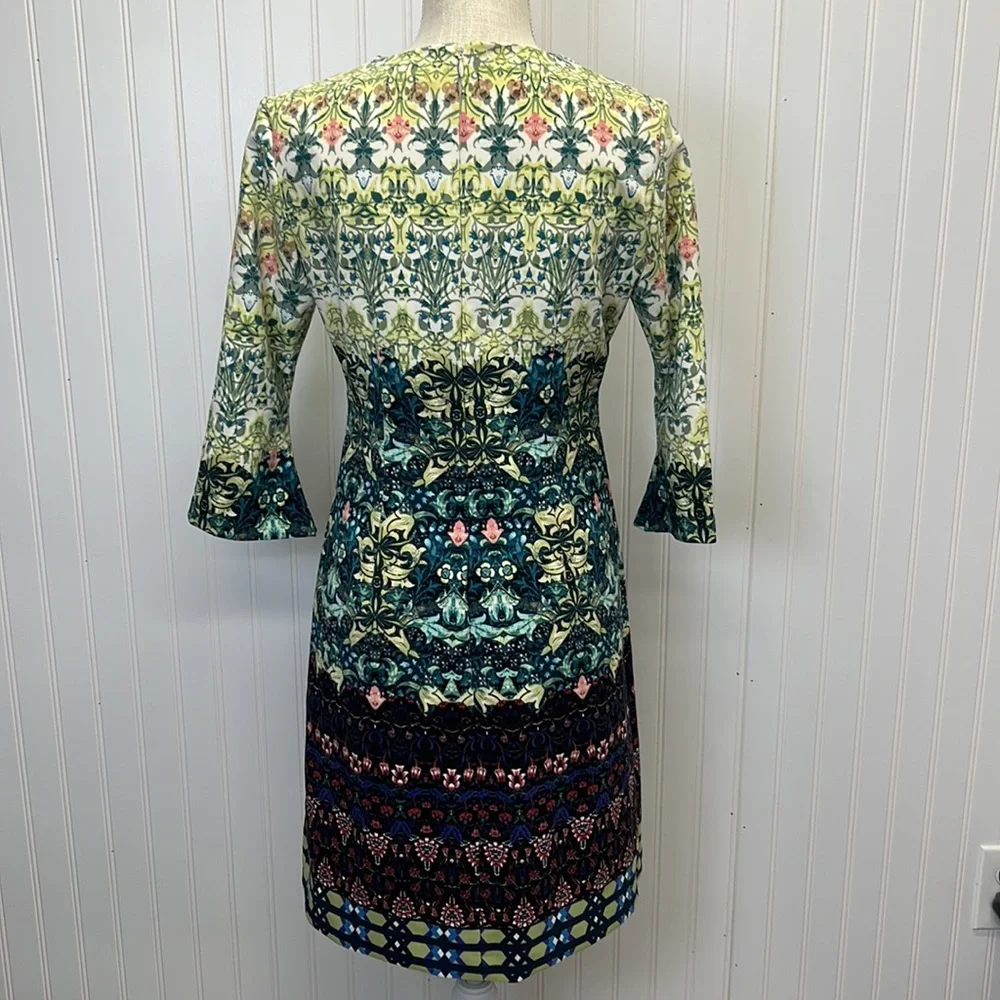 Just Taylor Garden Party Beaded Neckline Trumpet Sleeve‎ Sheath Dress Sz 4